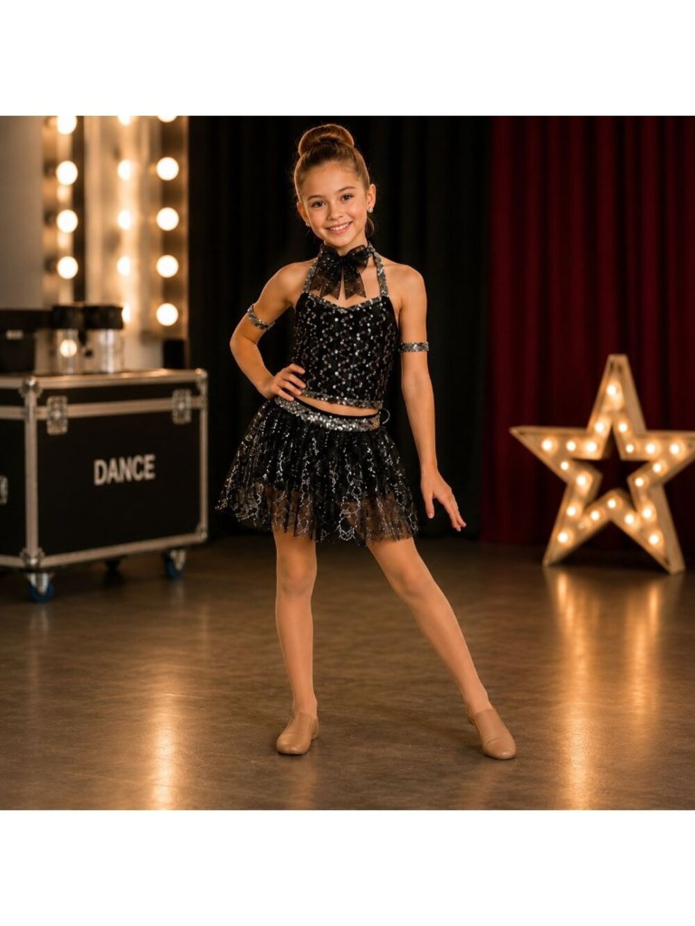 Curtain Call Girls Dance Costume Black Silver Sequin Jazz Tap Recital 3 Pc Small